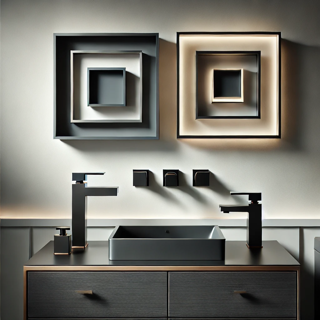 A stylish square bathroom with polished chrome and matte black square faucets, complementing the geometric design for a sleek and cohesive aesthetic