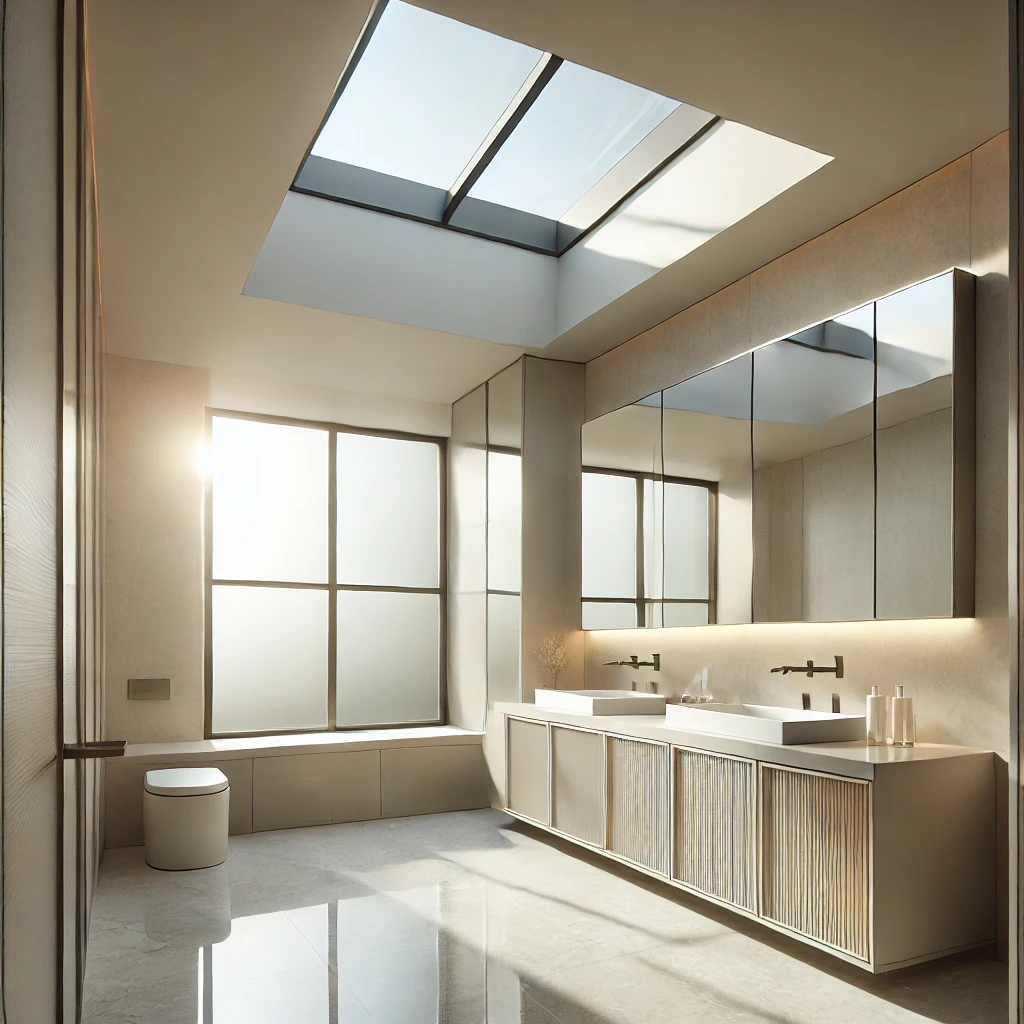 A square bathroom designed with a skylight for natural lighting, soft neutral tones, and reflective surfaces that enhance the room’s brightness and warmth