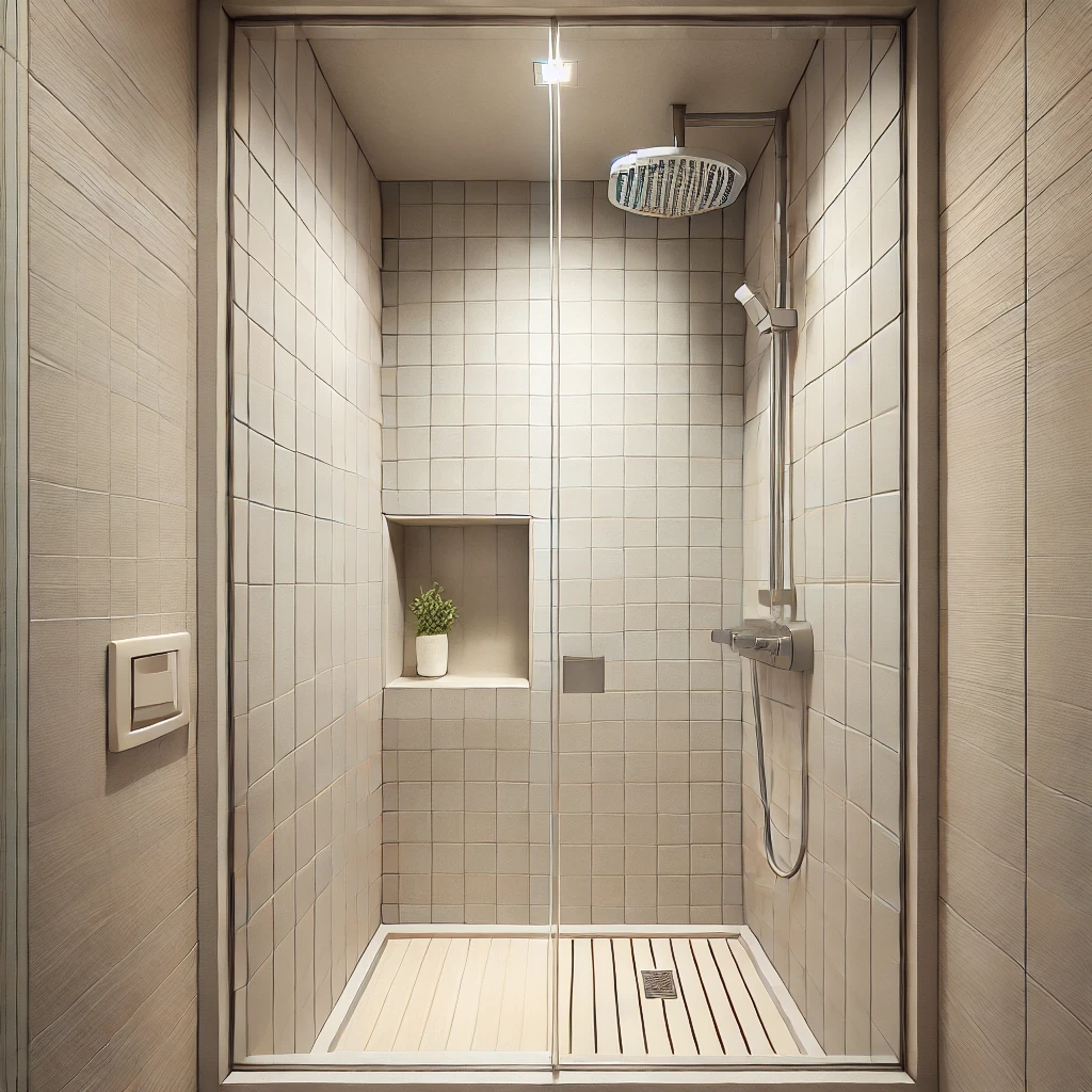 A modern square bathroom featuring a compact square shower with clear glass doors, pale tiled walls, a built-in recessed shelf, and a rainfall showerhead for a sleek and functional layout