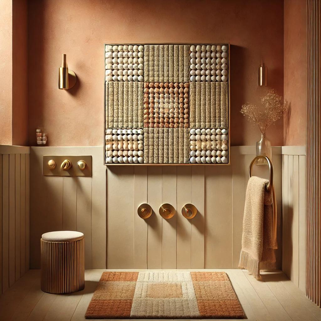 A warm-toned square bathroom featuring beige and terracotta walls, a soft earthy-colored rug, brushed gold faucets, and pearl-like finishes for an inviting atmosphere