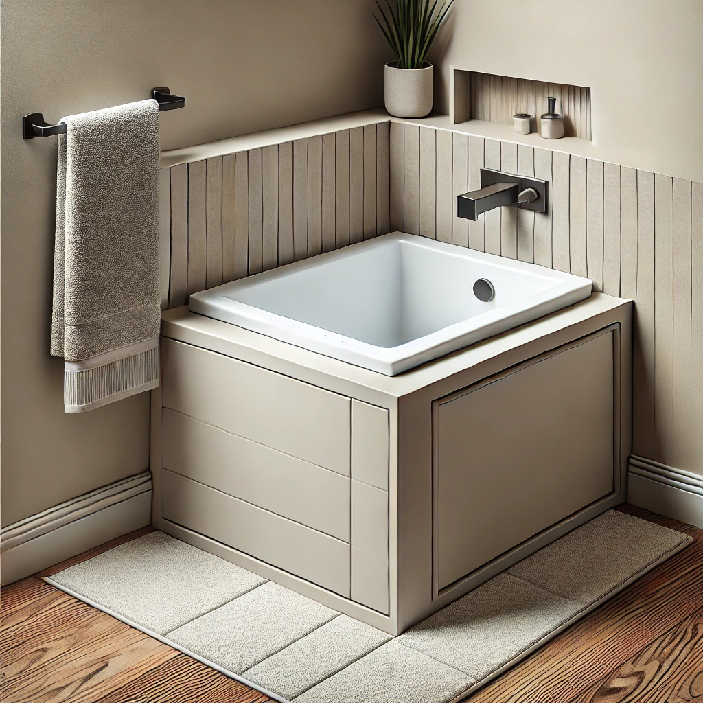 A modern square bathroom featuring a space-saving square bathtub placed against a corner, with a sleek floor-mounted faucet and a cozy bathroom rug