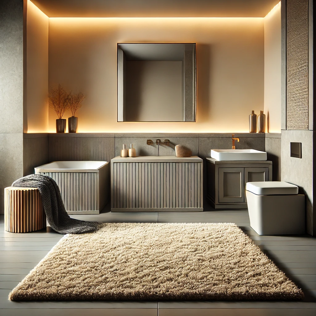 A stylish square bathroom featuring a plush, textured square rug, a modern vanity, a freestanding bathtub, and warm lighting for a cozy and defined space