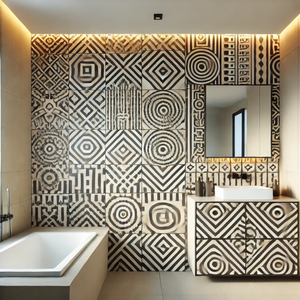 A contemporary square bathroom featuring a bold, patterned tile accent wall behind the vanity and bathtub, standing out against a neutral-toned backdrop