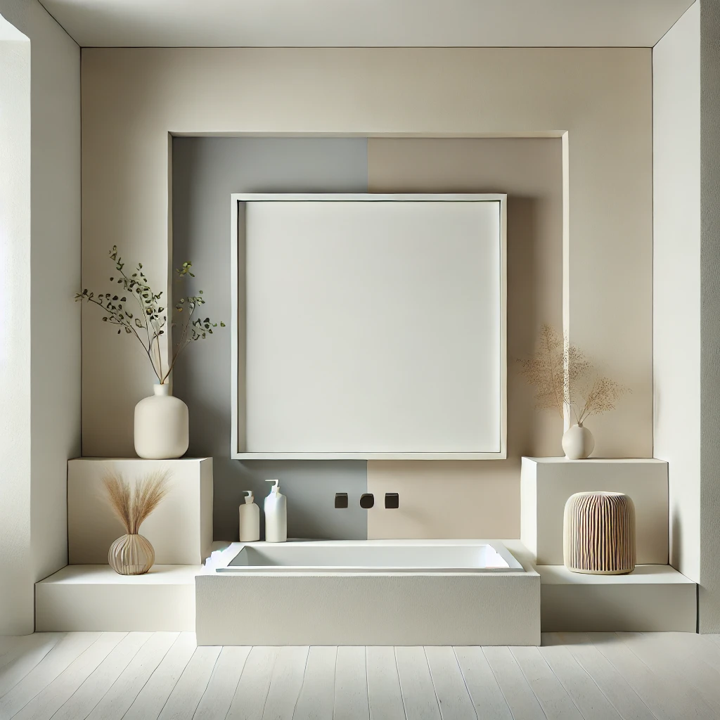 A clean and modern square bathroom featuring white, gray, and beige tones, with subtle decor such as plants and decorative jars to enhance the serene aesthetic