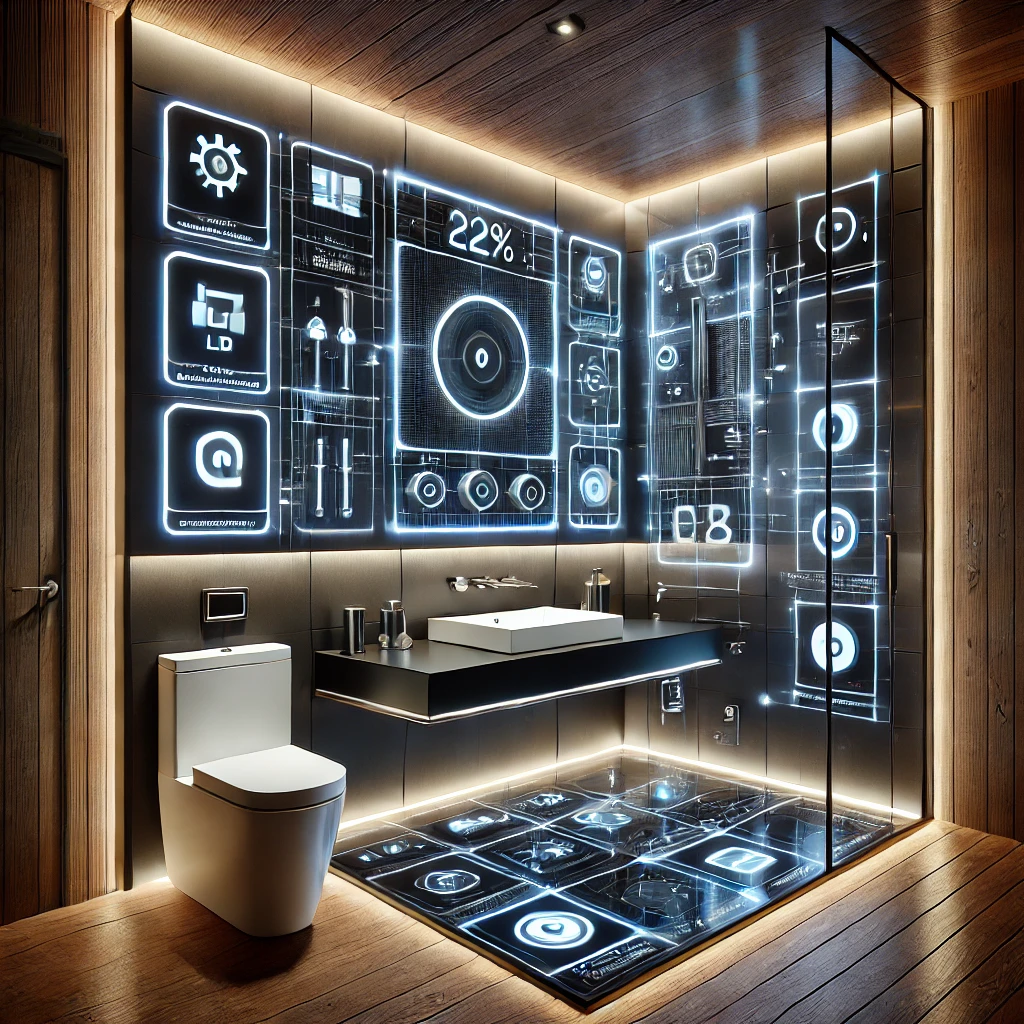 A futuristic square bathroom featuring motion-sensor faucets, LED-backlit mirrors, app-controlled lighting, and a built-in Bluetooth speaker system for a modern and efficient setup