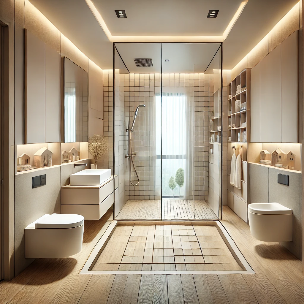 A modern square bathroom with strategically placed vanity, toilet, and shower for seamless movement, maximizing space efficiency while maintaining a sleek aesthetic