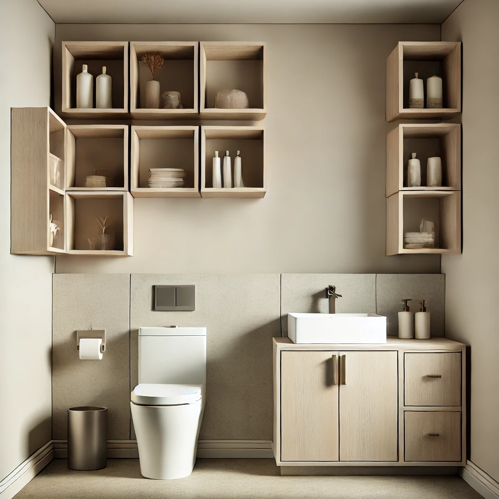 A stylish square bathroom featuring floating shelves, a corner vanity with a square undermount sink, and wall-mounted storage for optimal functionality