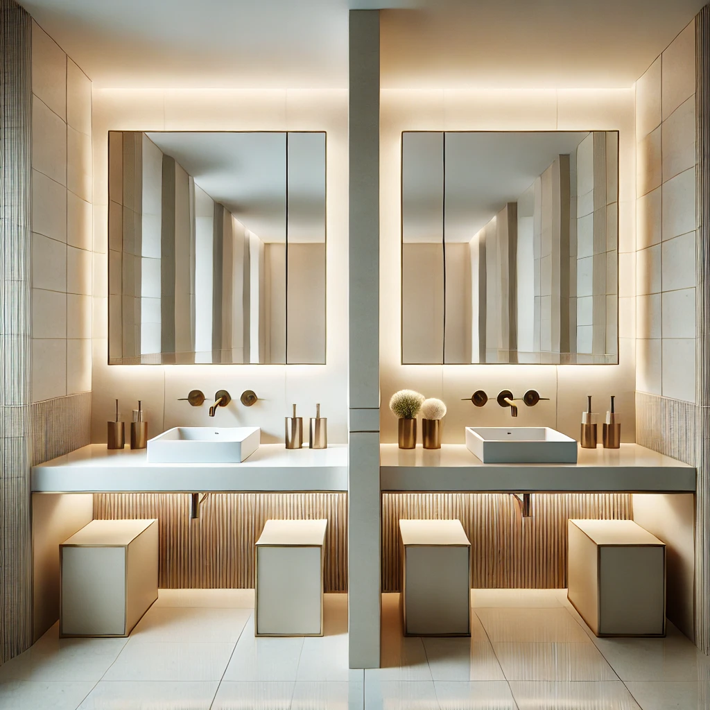 A contemporary square bathroom with perfectly aligned dual vanities, square sinks, and mirrors, creating balance and harmony with a minimalist aesthetic