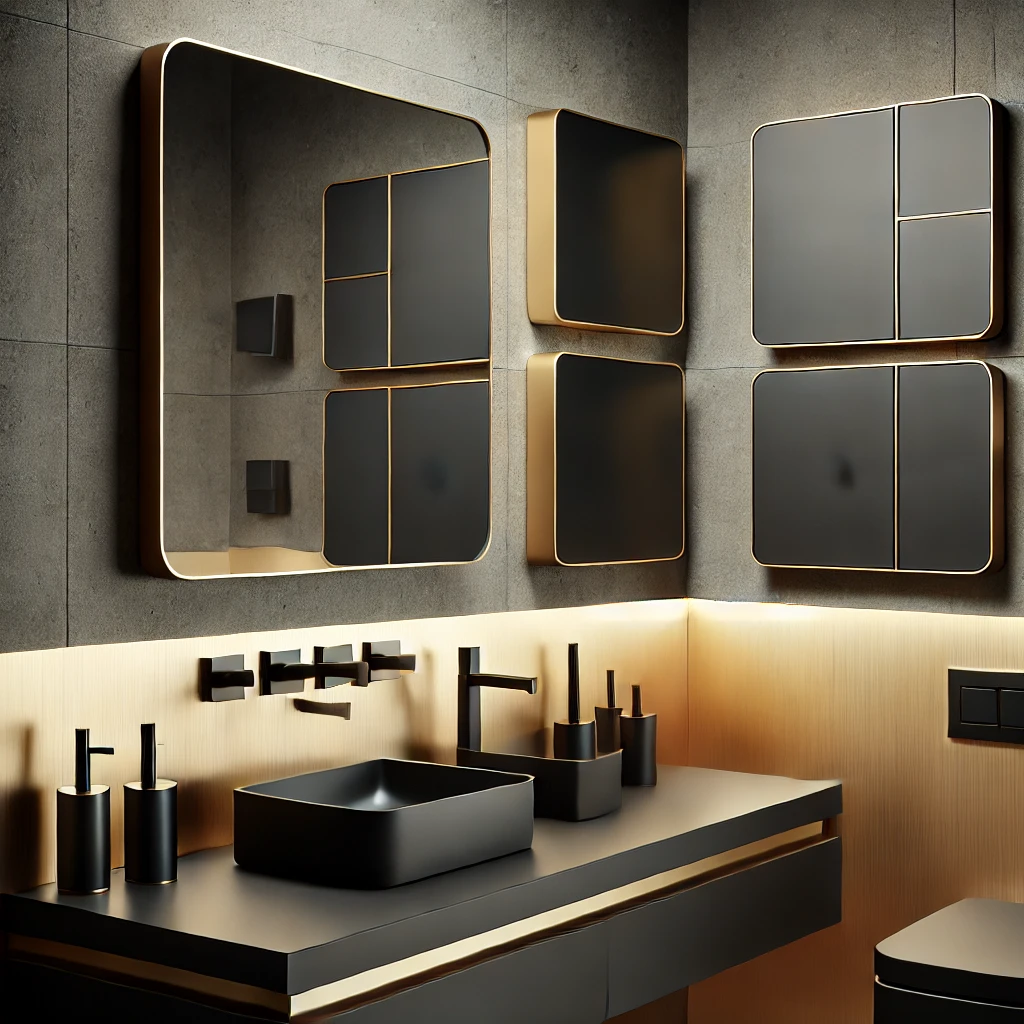 A modern square bathroom featuring matte black and brushed gold fixtures, sleek square sinks, frameless mirrors, and a muted color palette for a contemporary feel