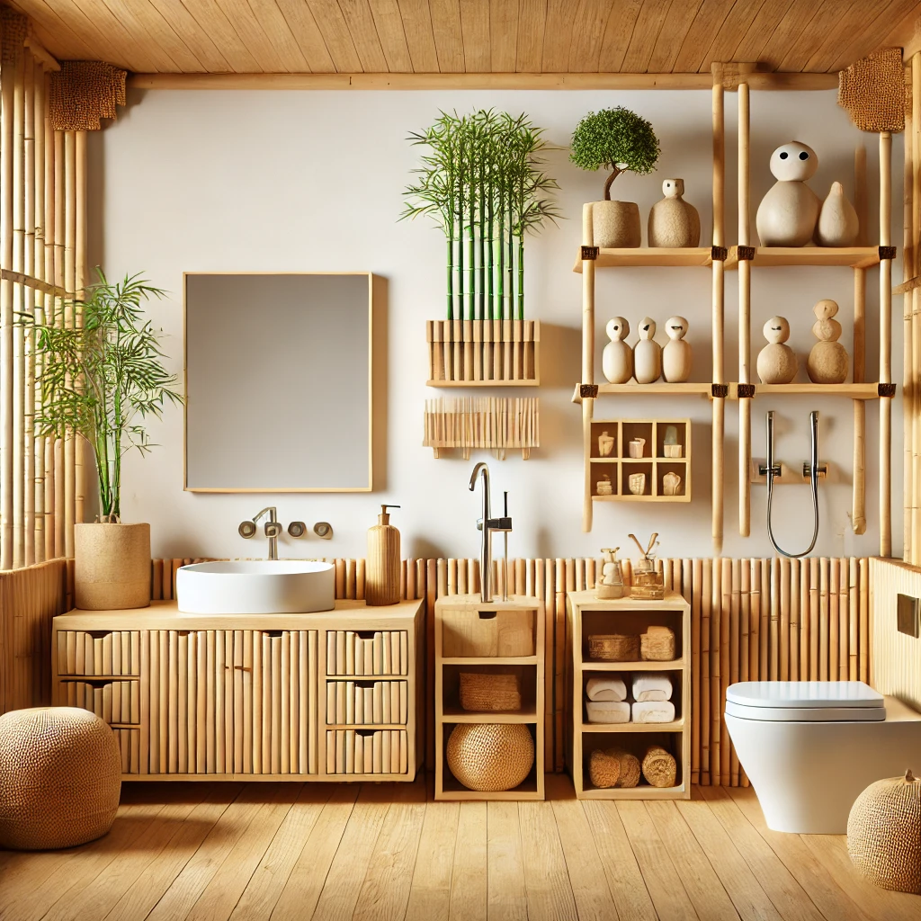 An eco-friendly square bathroom featuring bamboo vanities, shelves, and water-saving fixtures, blending natural materials with modern design for sustainability