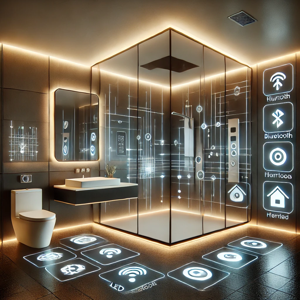 A futuristic square bathroom featuring Bluetooth mirrors, heated floors, and app-controlled lighting, complemented by sleek LED backlit mirrors and modern fixtures