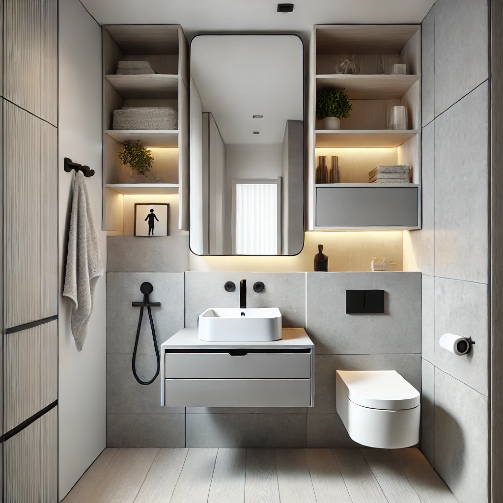 A modern tiny ensuite bathroom featuring a floating vanity, minimalist design, large mirror, and built-in storage to create a spacious and functional bathroom