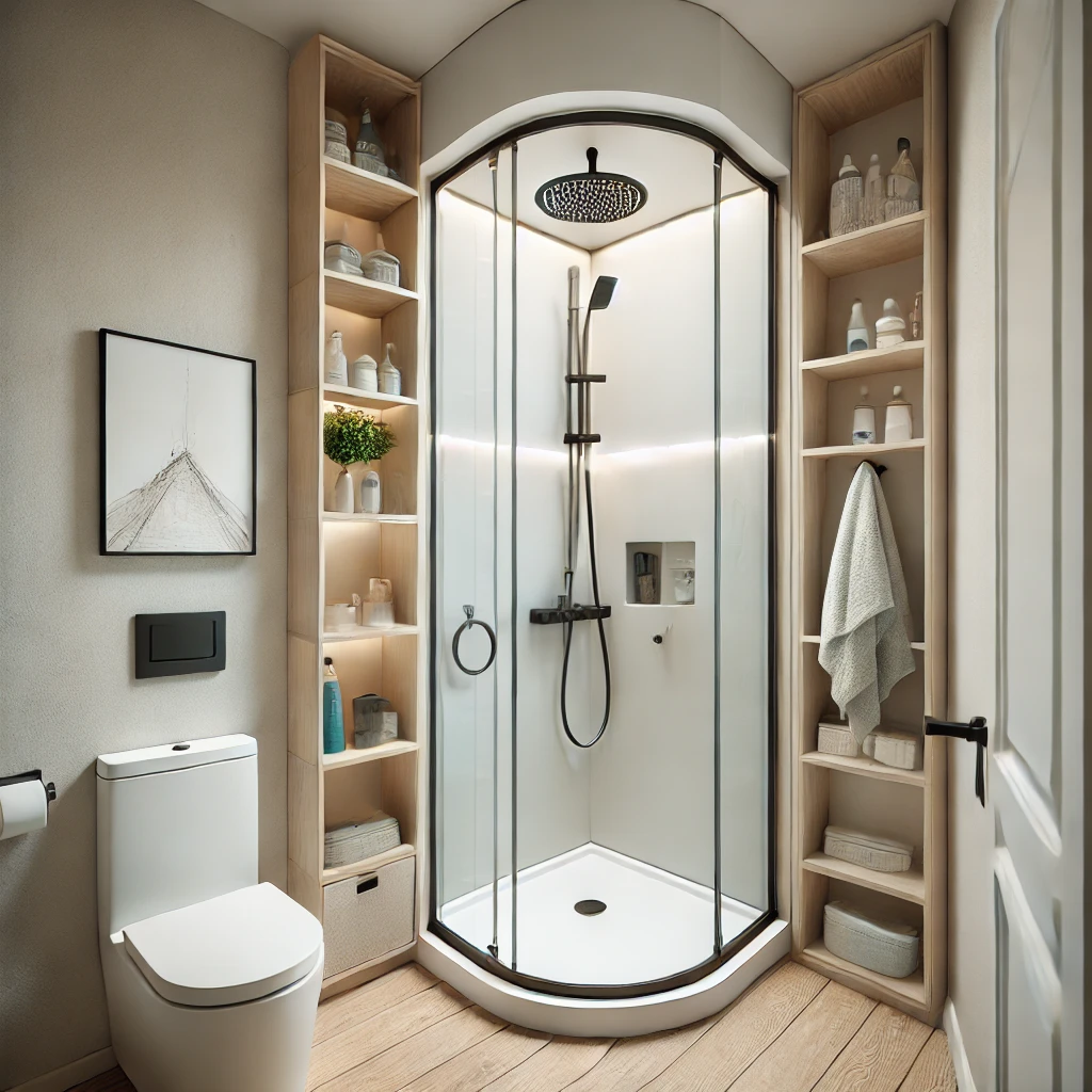 A space-saving corner shower with frameless glass, built-in shelves for toiletries, and sleek rain showerhead, perfect for small ensuite bathrooms