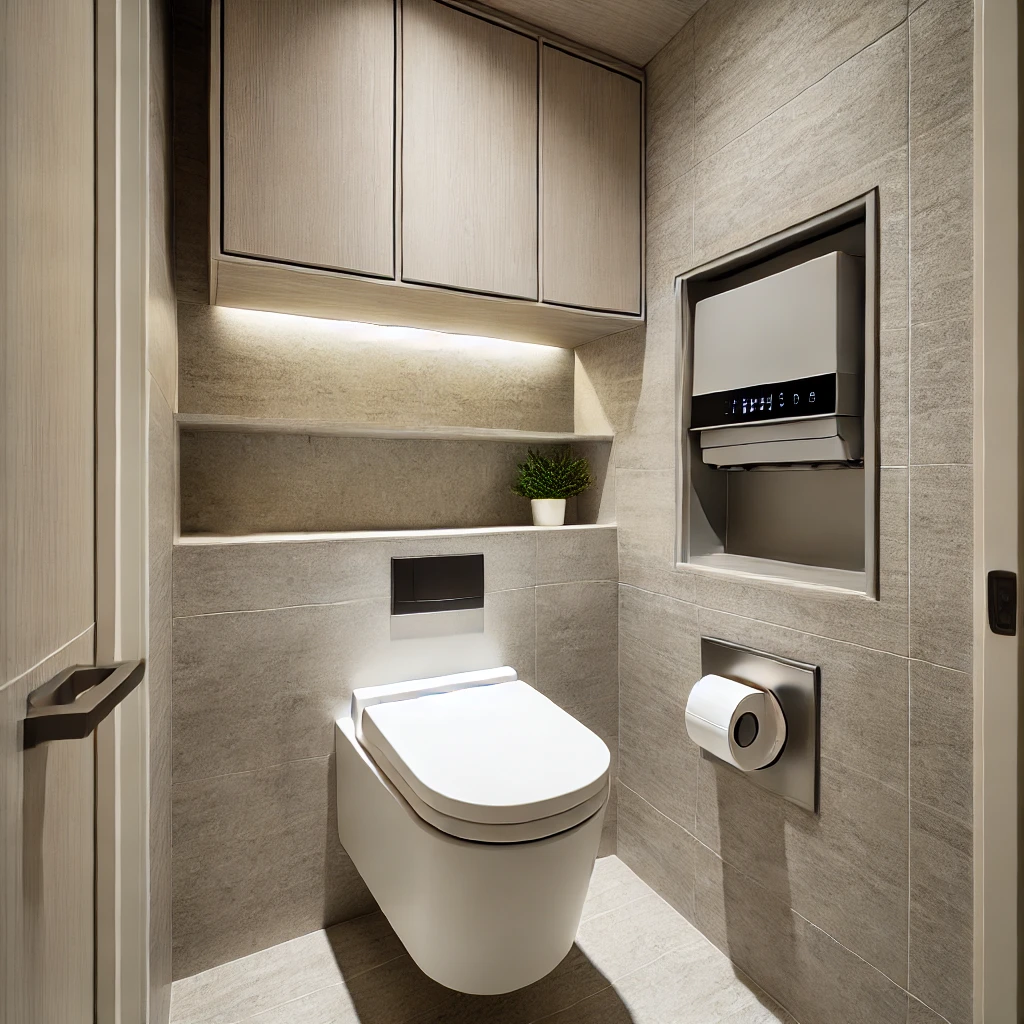 A modern tiny ensuite bathroom featuring a wall-mounted toilet with a concealed water tank, saving floor space and creating a contemporary look