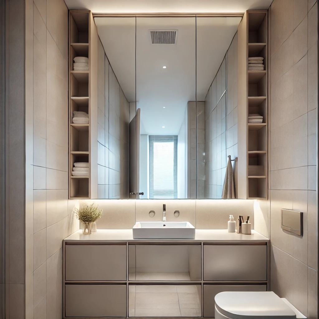 A tiny ensuite bathroom with a large mirror spanning the width of the vanity, reflecting light and creating the illusion of a more spacious room