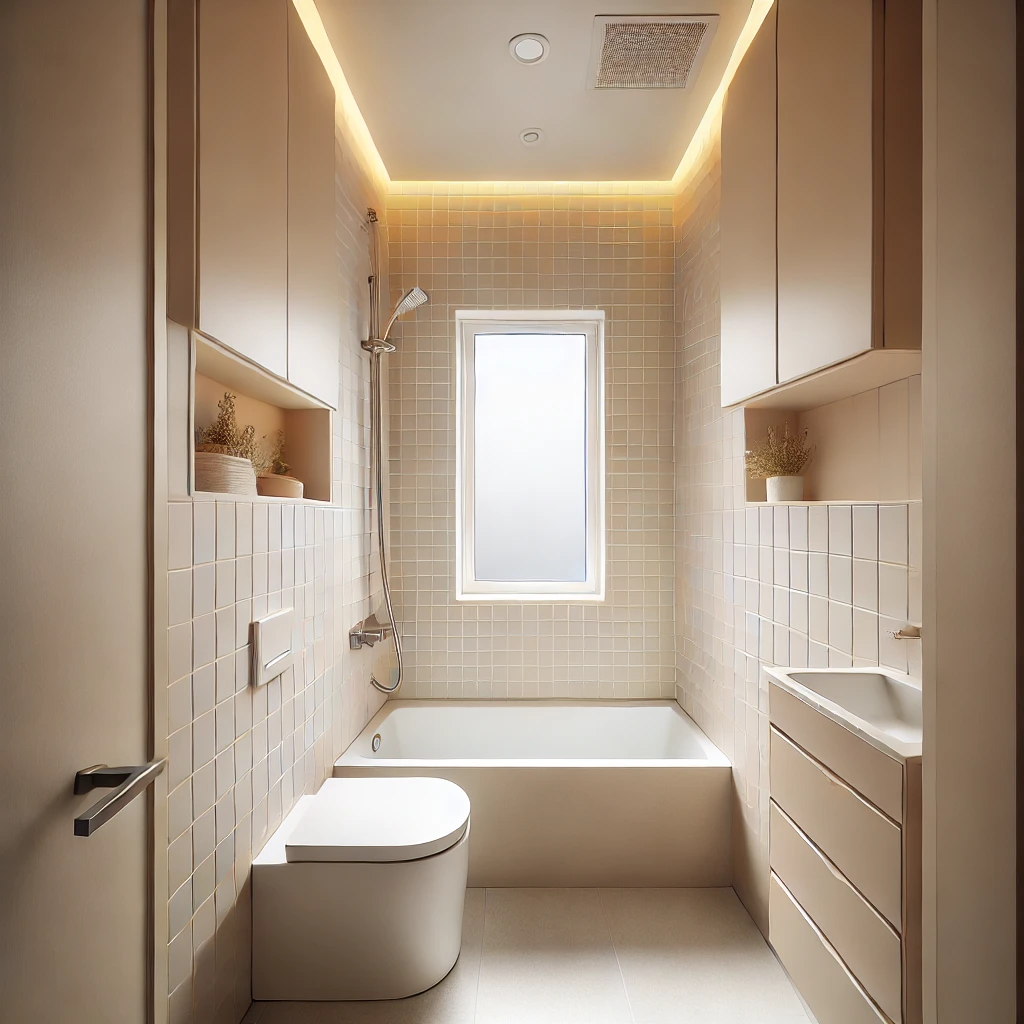 A modern tiny ensuite bathroom featuring light-colored walls, beige tiles, a small bathtub, and minimalistic design elements for a spacious feel