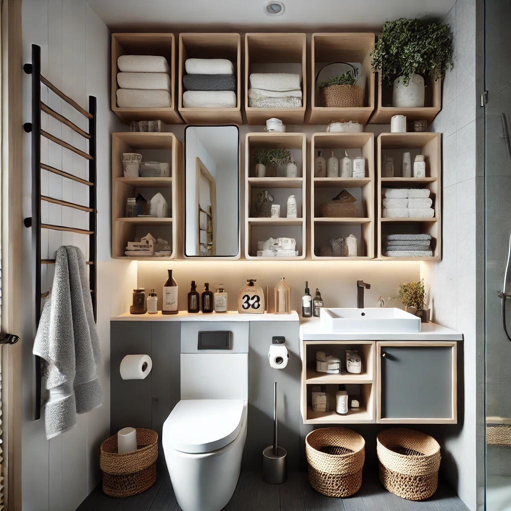 A tiny ensuite bathroom featuring open shelving above the toilet and near the vanity, neatly organized with towels, toiletries, and decorative items in baskets