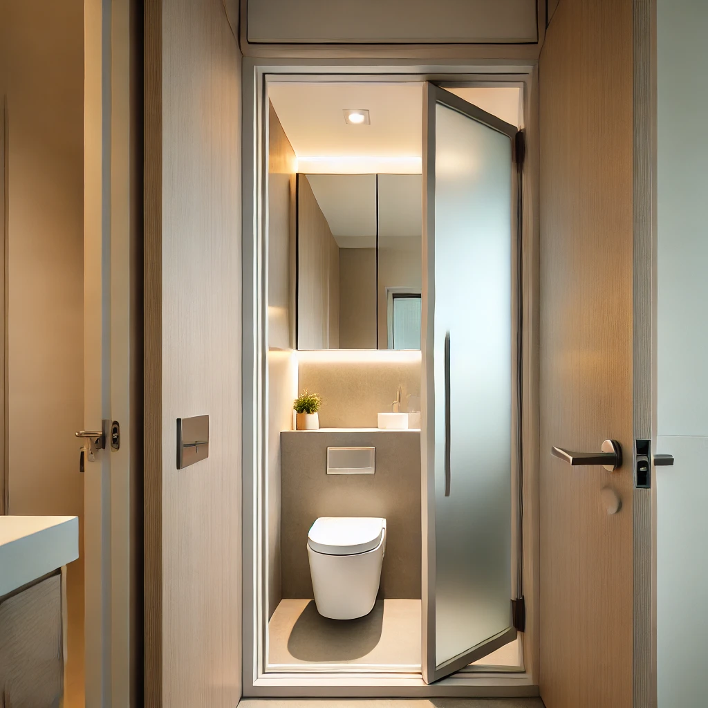 A modern tiny ensuite bathroom with a pocket door design that saves space, featuring frosted glass for privacy and light transmission