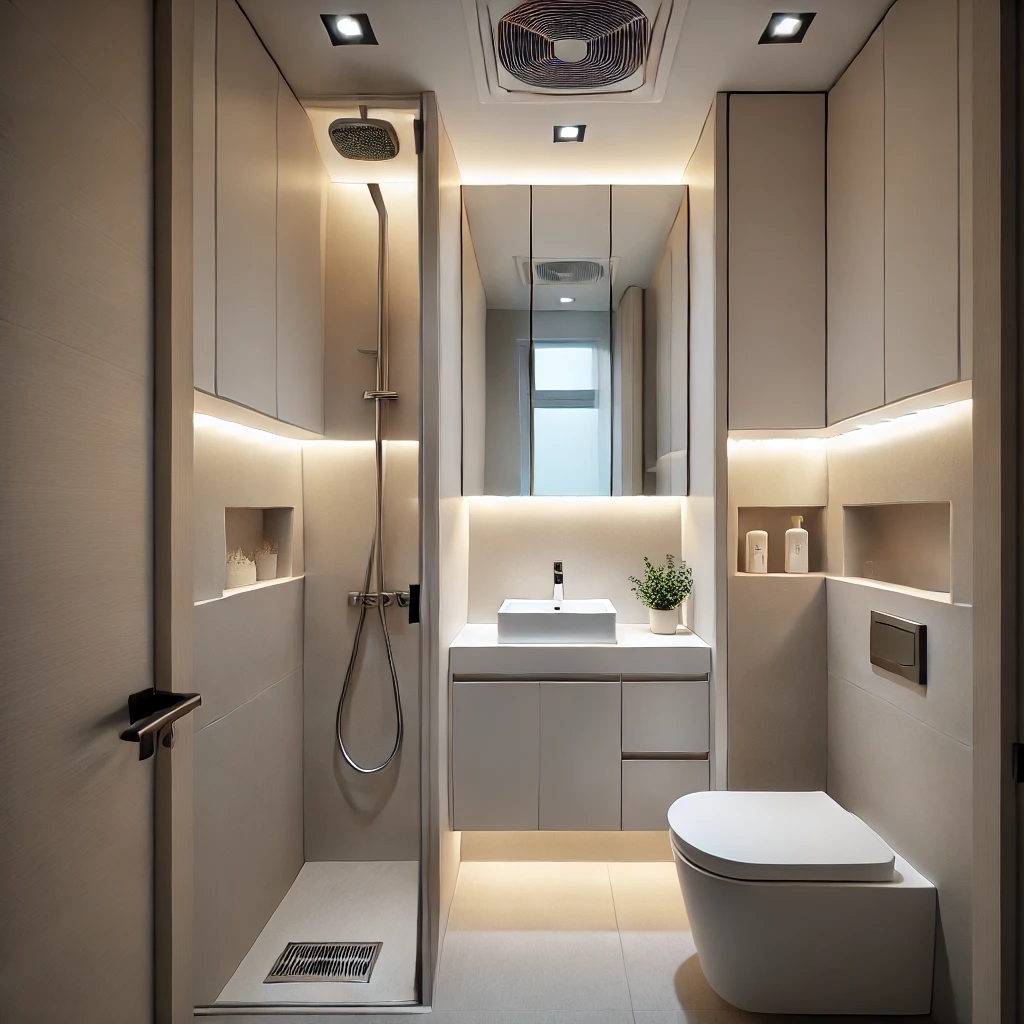 A tiny ensuite bathroom with recessed lighting above the vanity, shower, and toilet, creating a bright and spacious atmosphere