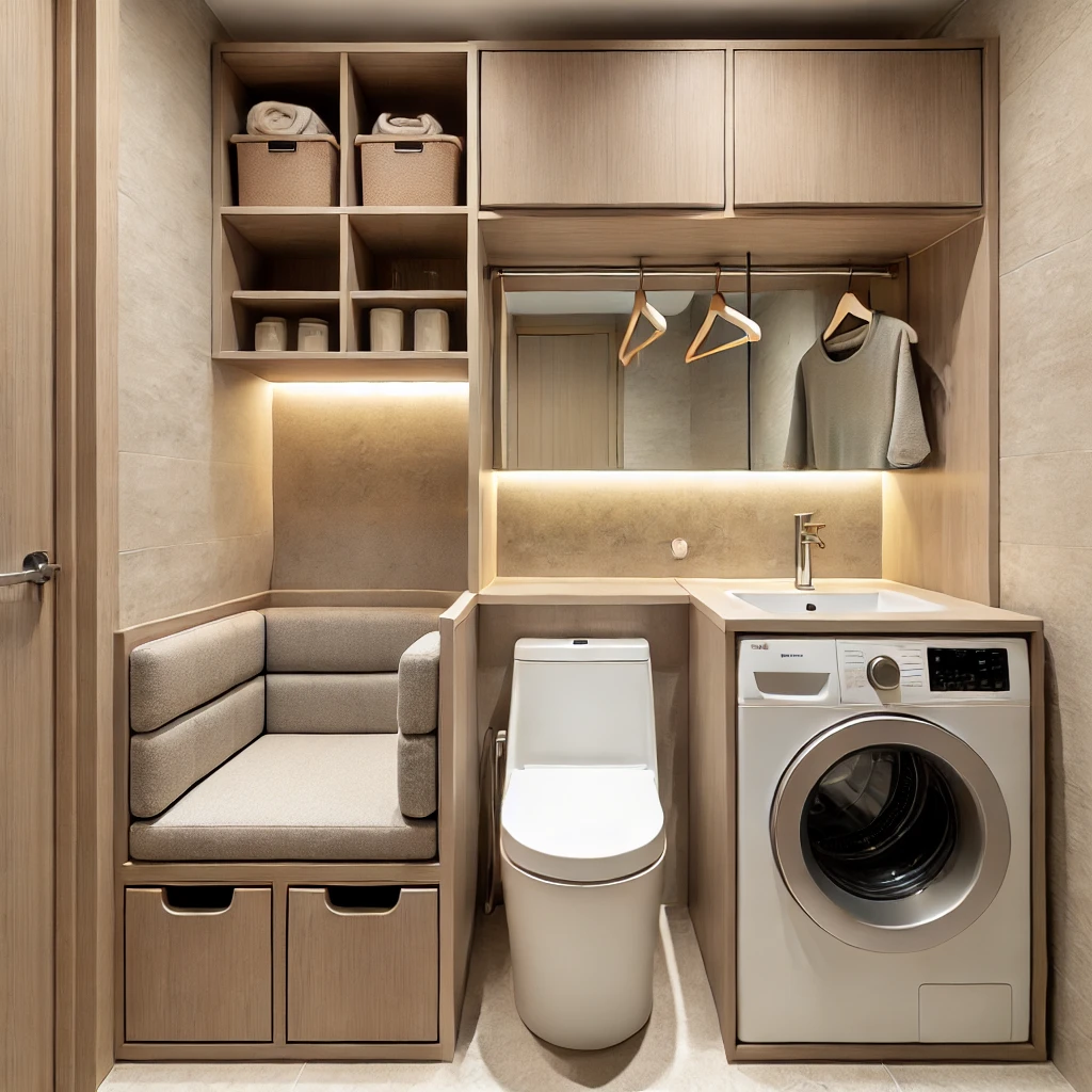 A tiny ensuite bathroom featuring multi-functional furniture, such as a vanity with storage and a fold-down bench, optimizing space and functionality