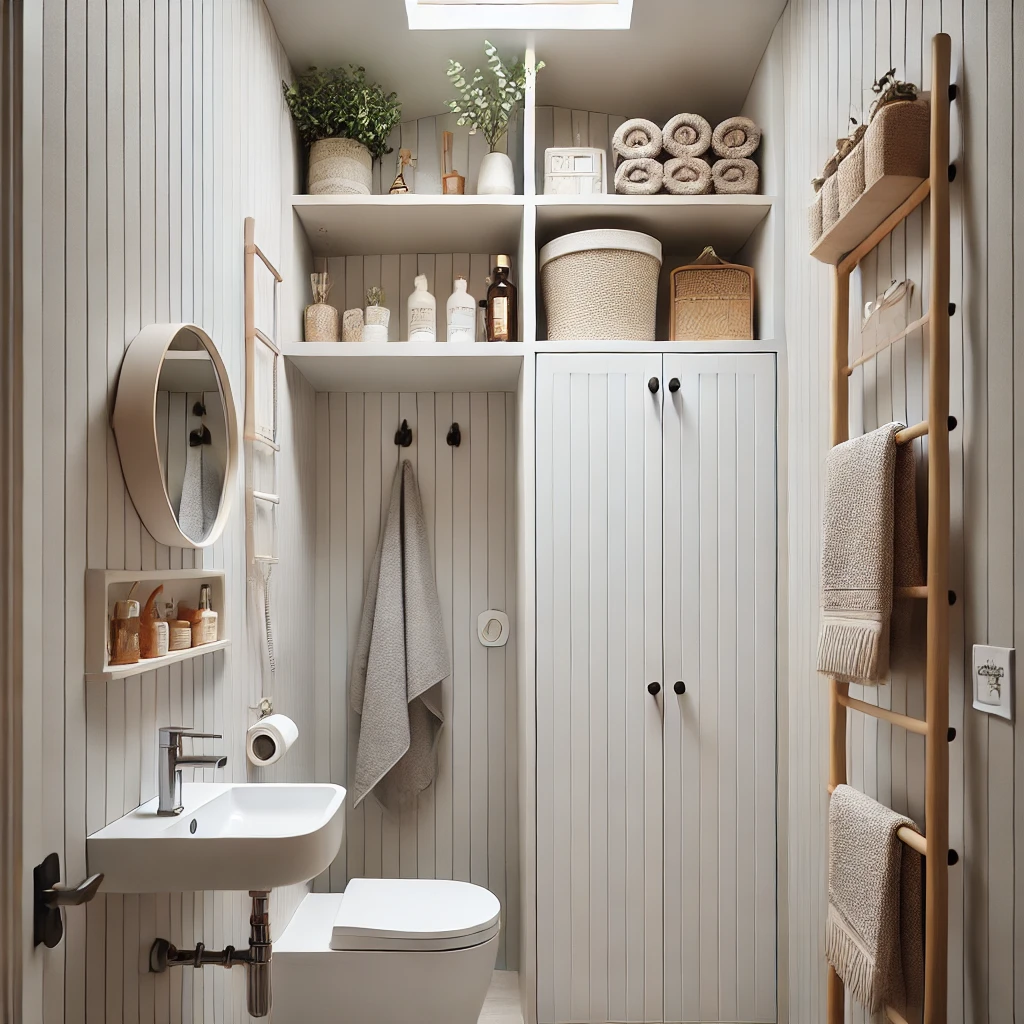 A tiny ensuite bathroom with vertical storage, including tall cabinets, ladder shelves, and wall-mounted organizers for towels and toiletries