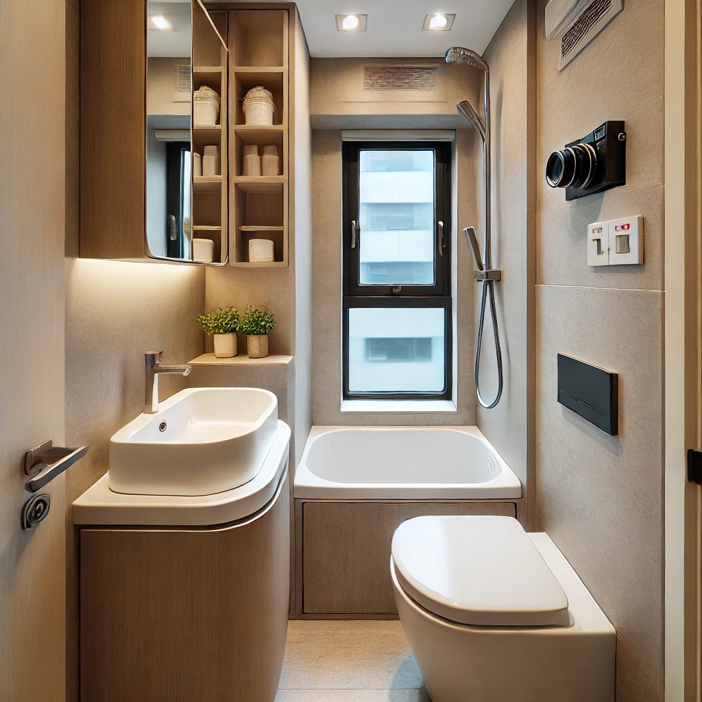 A tiny ensuite bathroom featuring compact fixtures like a narrow wall-mounted sink, small bathtub, and mini toilet for a space-efficient design