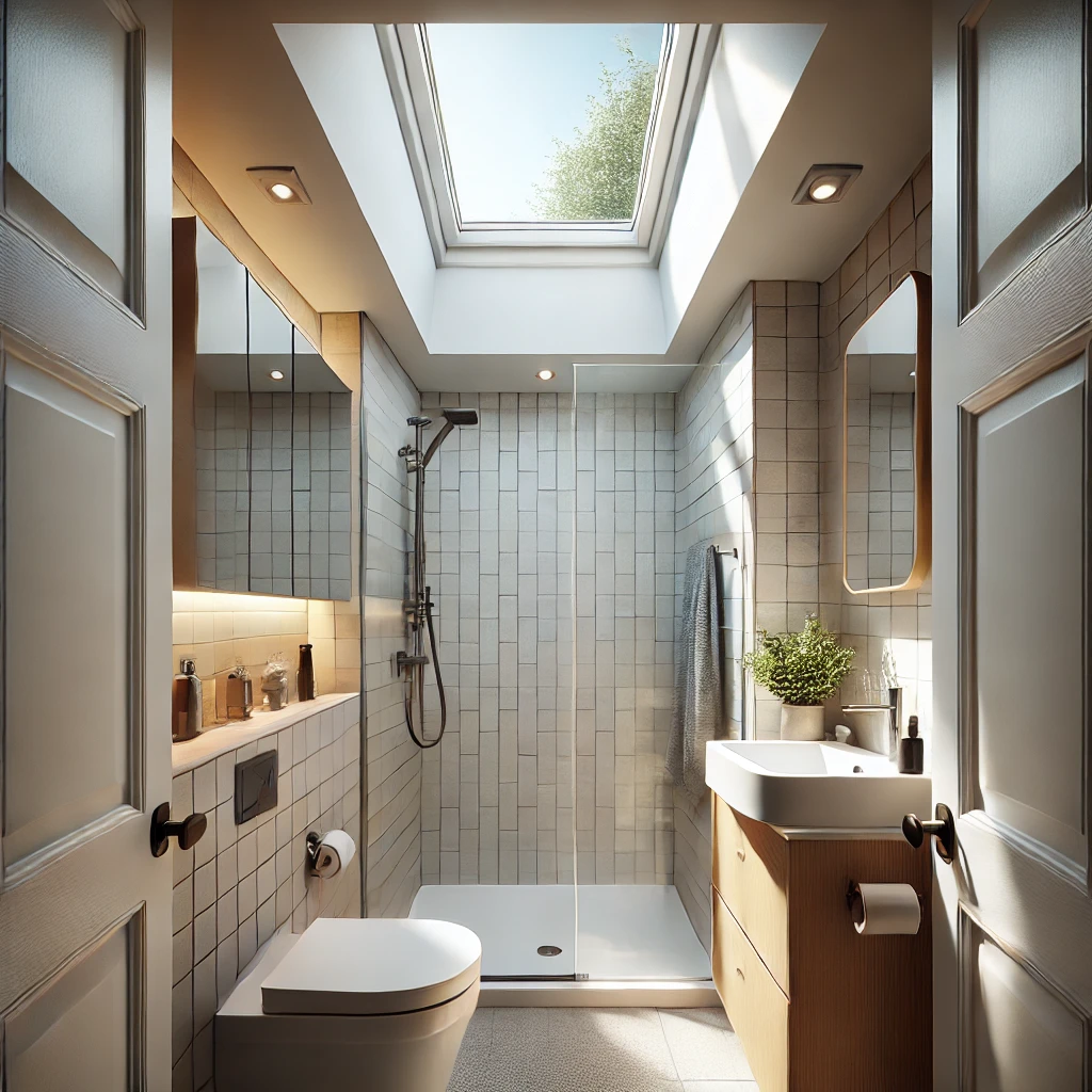 A tiny ensuite bathroom featuring a skylight, allowing natural light to fill the space and create a bright, airy atmosphere