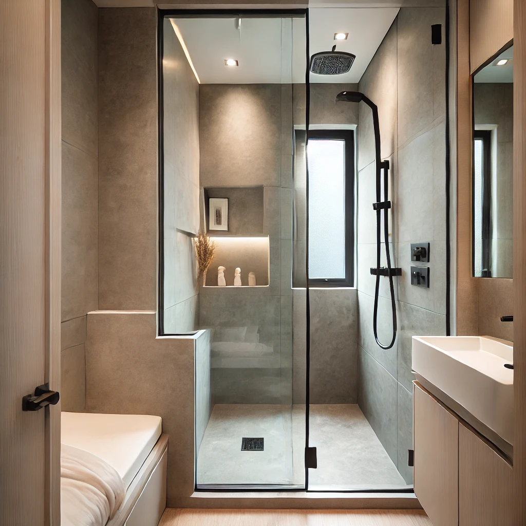 A modern tiny ensuite bathroom with a wet room design, featuring waterproof materials and a seamless, open layout for maximum space