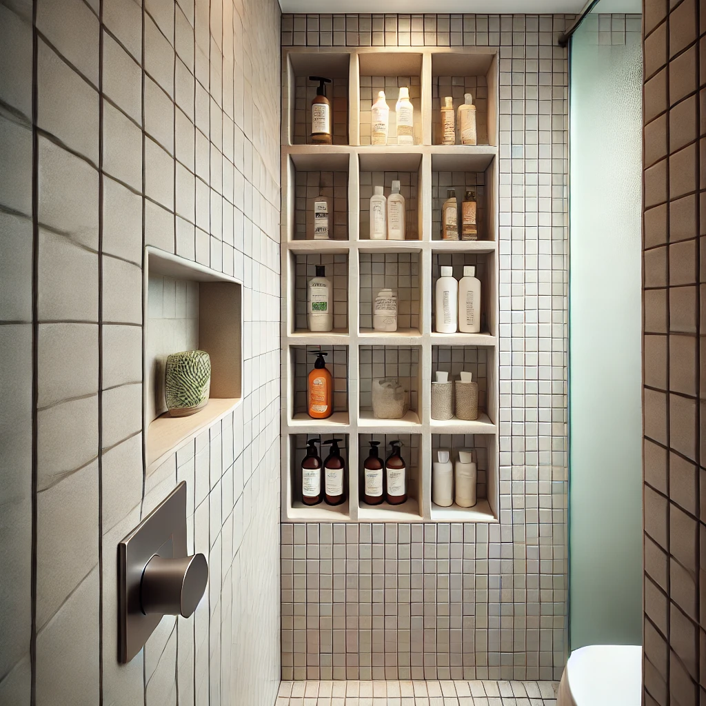 A tiny ensuite bathroom with niche shelving built into the shower wall, neatly storing toiletries like shampoo and body wash in a minimalist design