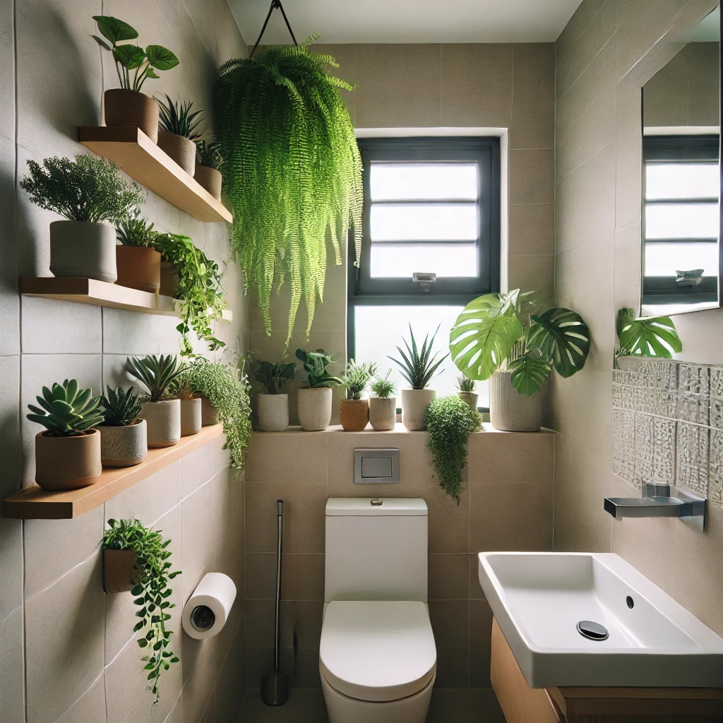 A tiny ensuite bathroom featuring plants like ferns and succulents placed on shelves and hanging planters, adding a fresh, natural touch