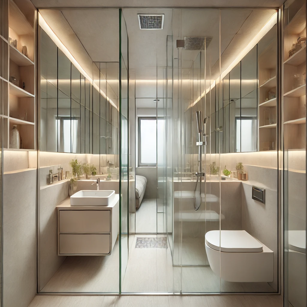 A tiny ensuite bathroom featuring transparent glass partitions and reflective mirrors to create a spacious and visually expanded effect