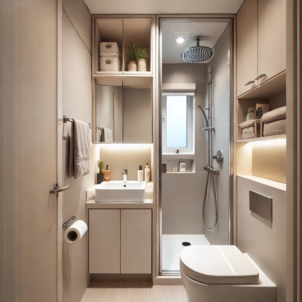 A tiny ensuite bathroom with a simple and functional layout, including a shower area, toilet, and vanity, designed for easy movement and accessibility