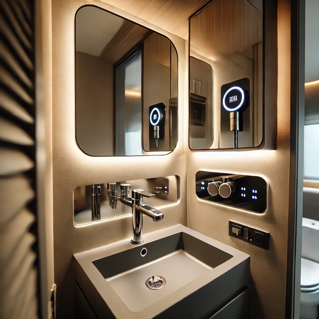 A tiny ensuite bathroom showcasing smart technology, including a motion-sensor faucet and LED mirror for a modern and efficient design