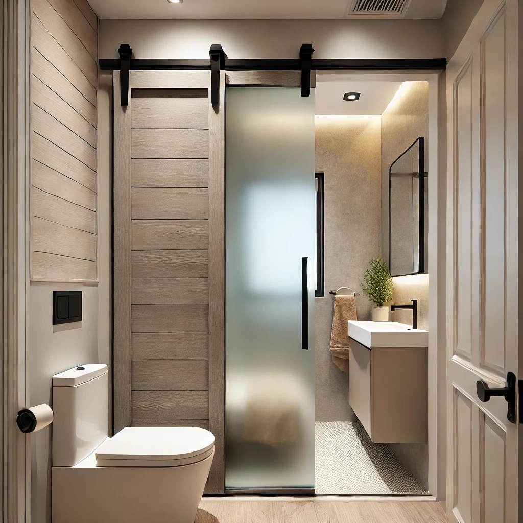 A tiny ensuite bathroom featuring a space-saving sliding barn door with frosted glass for privacy and style