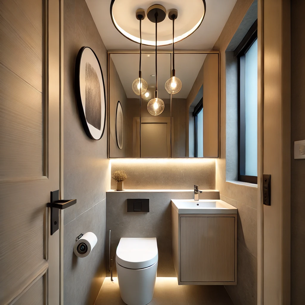 A tiny ensuite bathroom featuring a statement light fixture above the vanity, enhancing the bathroom's style and ambiance