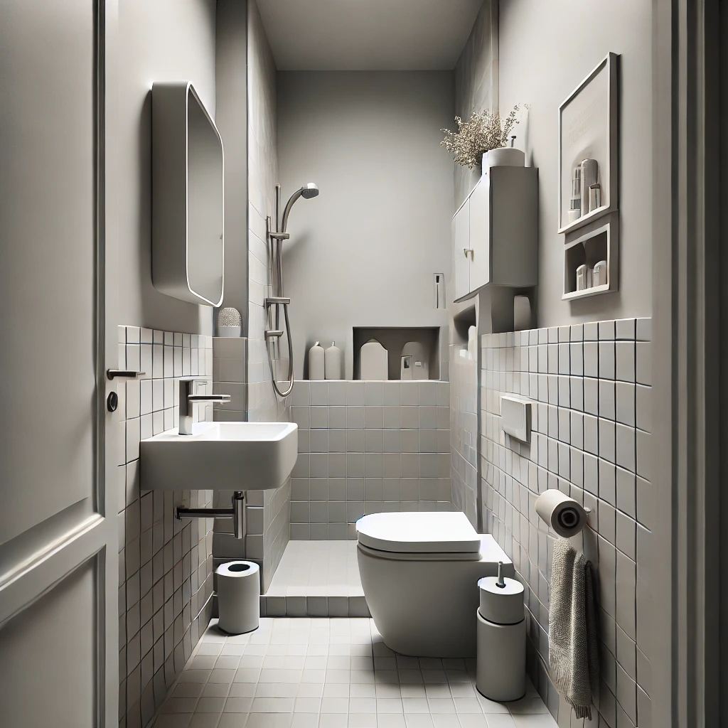 A tiny ensuite bathroom featuring a monochromatic color scheme with similar shades for walls, tiles, and accessories for a unified design