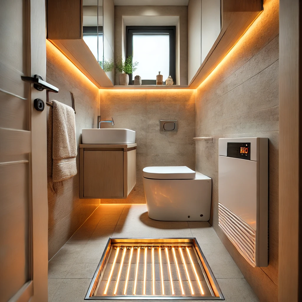 A tiny ensuite bathroom featuring heated flooring with non-slip tiles, adding warmth and luxury to the space