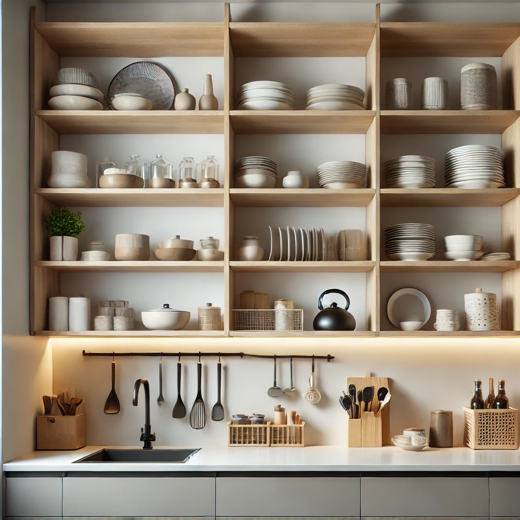 A photo-realistic image of a small kitchen featuring open wooden shelves with neatly arranged dishes. The kitchen is designed to appear spacious and functional, offering a clean aesthetic with modern kitchenware