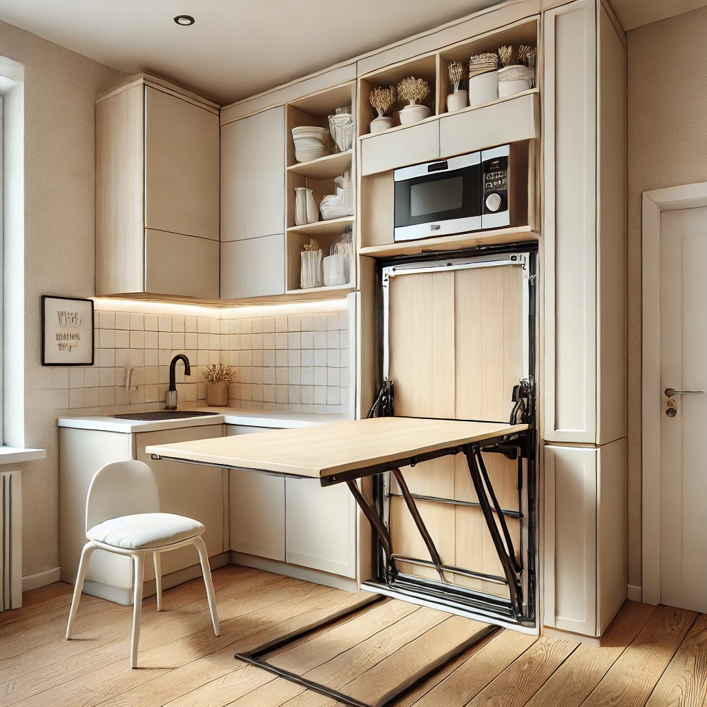 Small kitchen featuring a wall-mounted foldable dining table that maximizes space when not in use