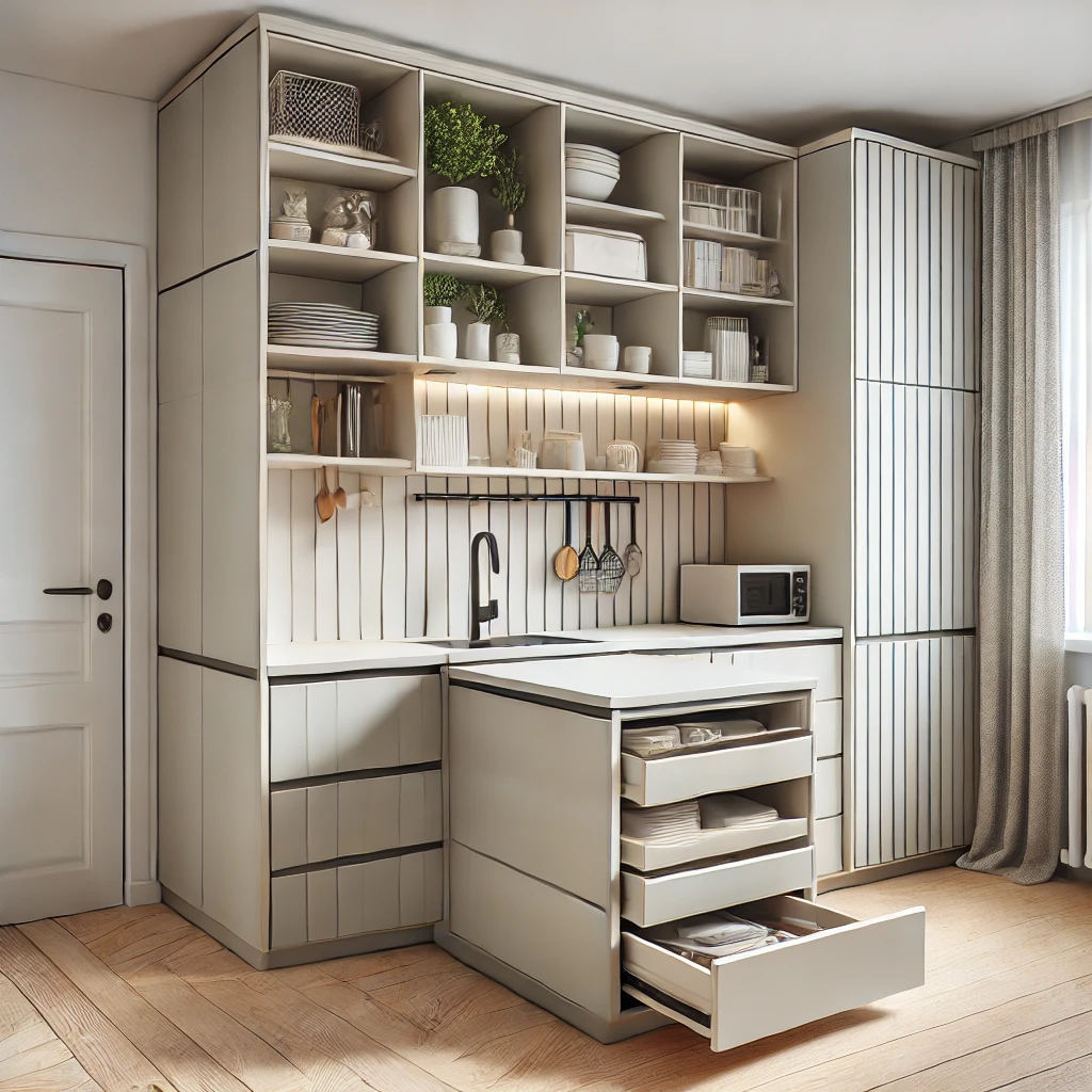 Small kitchen with a compact kitchen island featuring integrated storage and workspace