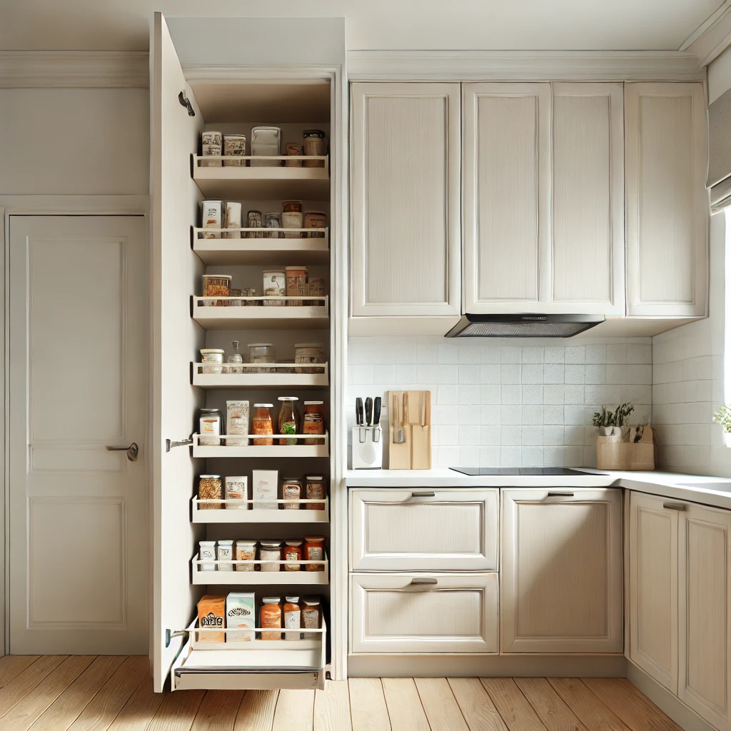 A small modern kitchen with light-colored walls, white cabinets, and a soft grey palette. The design emphasizes maximizing space, creating an airy and spacious atmosphere with minimalist features and efficient storage solutions