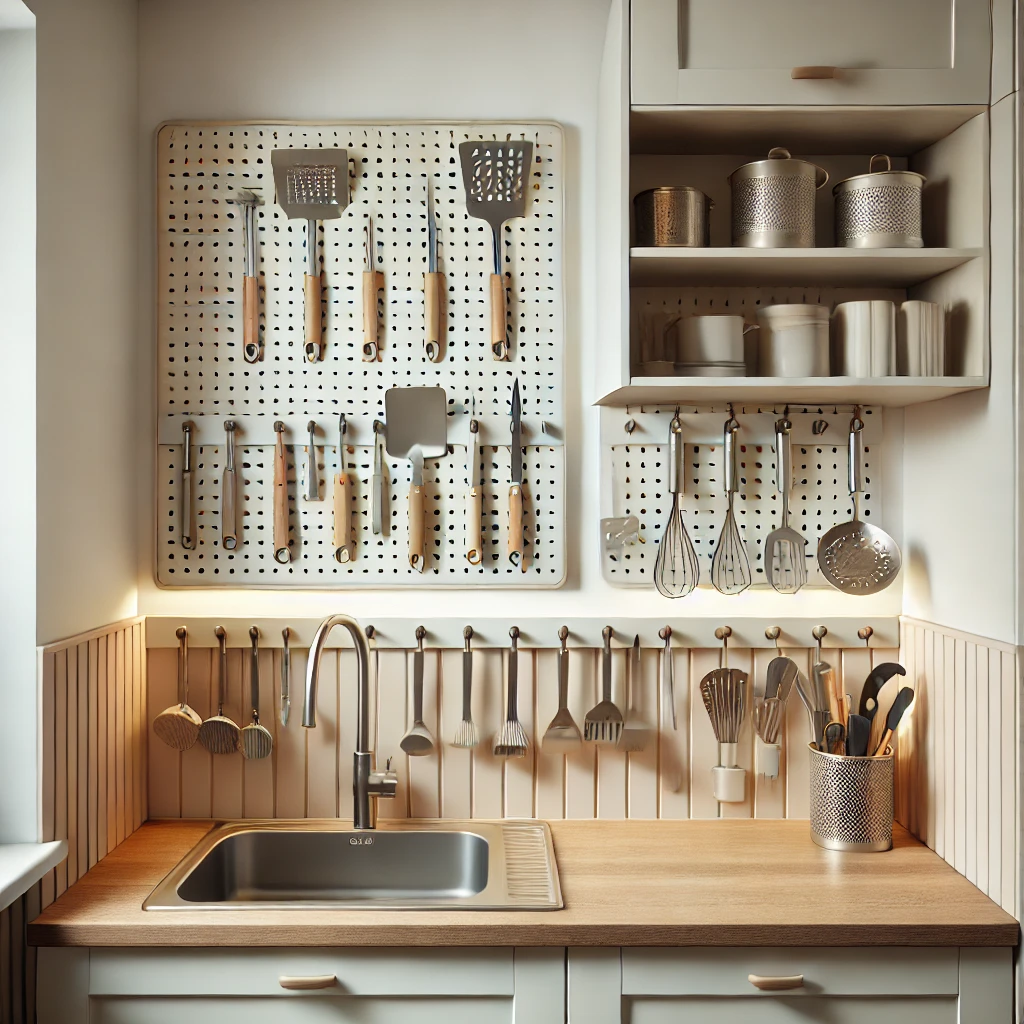 A modern small kitchen featuring a pegboard above the sink to neatly organize kitchen utensils like spatulas, knives, and measuring spoons. The pegboard provides functional storage while adding an industrial style to the space