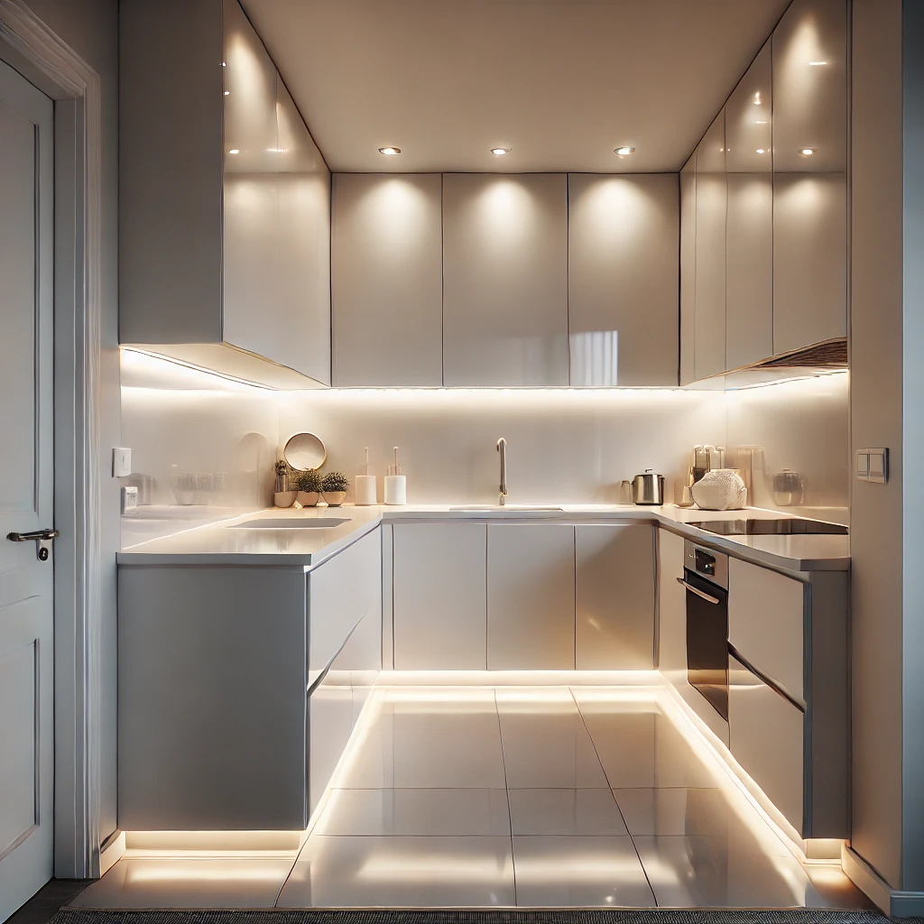 A small, modern kitchen featuring sleek under-cabinet lighting that brightens up the countertop area, creating an open and inviting space. The design emphasizes spaciousness with white cabinetry and reflective surfaces