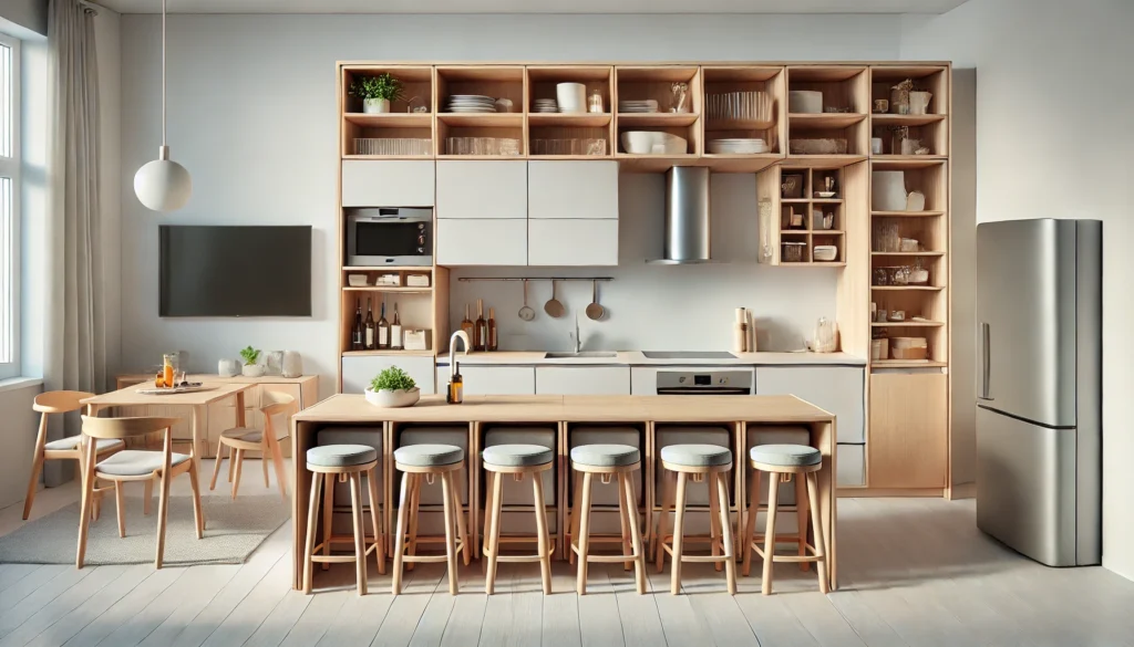 A compact modern kitchen featuring multi-functional furniture, including a kitchen island with storage and stools. The design maximizes space with minimalist aesthetics, flexible storage, and a functional layout