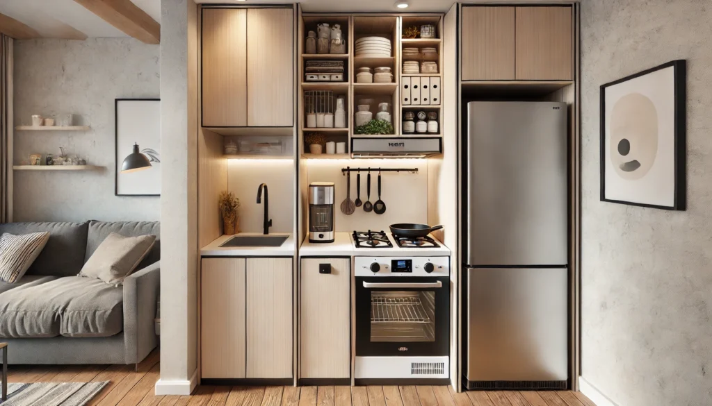 Compact kitchen featuring slim and energy-efficient appliances like a narrow refrigerator, stove, and dishwasher. The kitchen is designed for small space efficiency with sleek, minimalistic cabinetry and ample storage