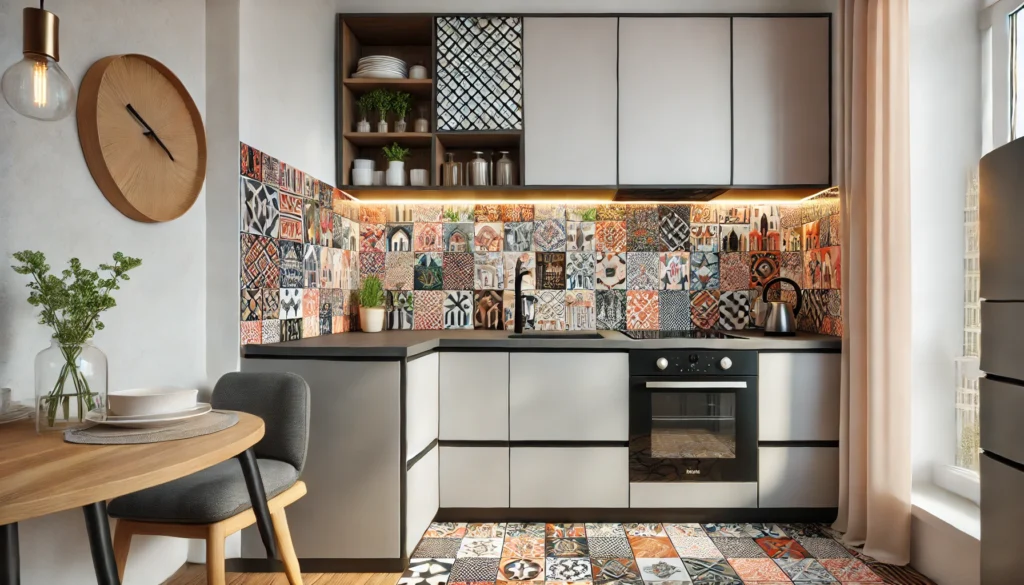 A modern small kitchen featuring a bold and colorful backsplash with unique patterns, adding character to the space without taking up additional room. Perfect for small kitchen remodels in 2025