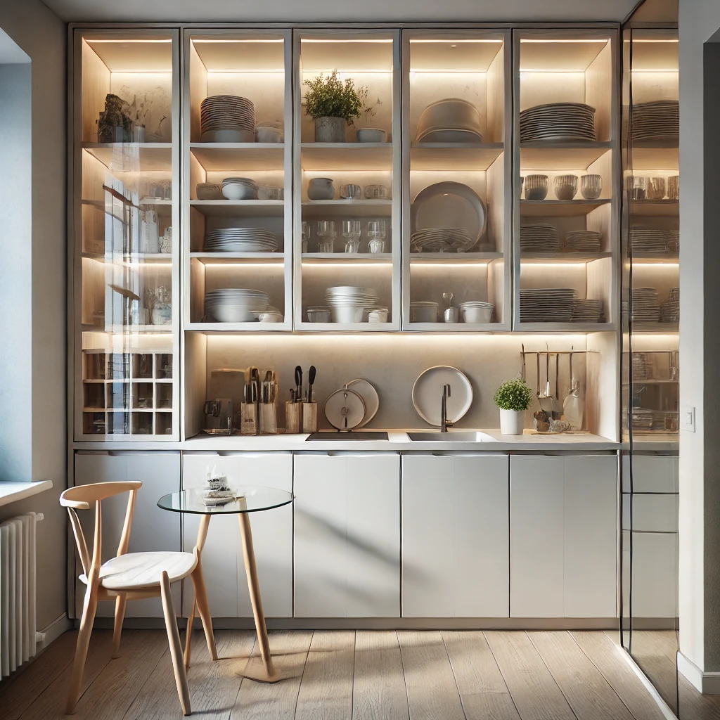 A sleek and modern small kitchen featuring transparent glass cabinet doors that showcase dishware and create an airy, spacious atmosphere. The minimalist design includes under-cabinet lighting that enhances the room's open feel