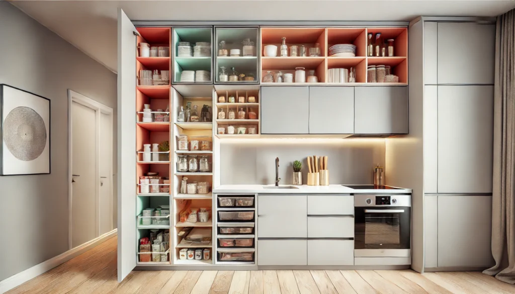 A modern, compact kitchen featuring pull-out pantry shelves, sleek appliances, and multi-purpose counter space, organized with minimalist furnishings and glass accents