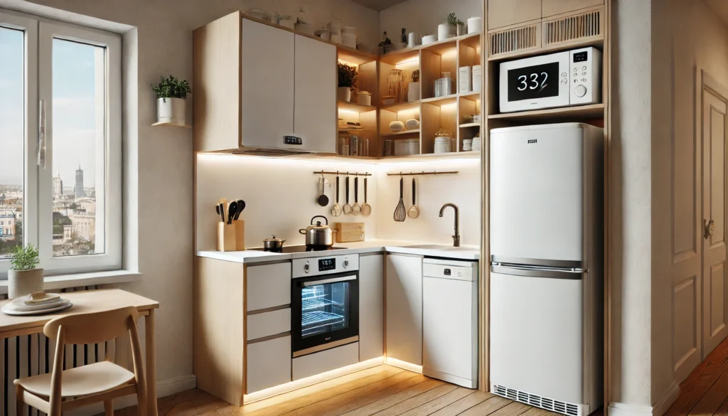 A modern small kitchen with minimalist design, featuring streamlined appliances, neutral colors, and clear counter space. The layout maximizes space while maintaining a stylish and organized appearance