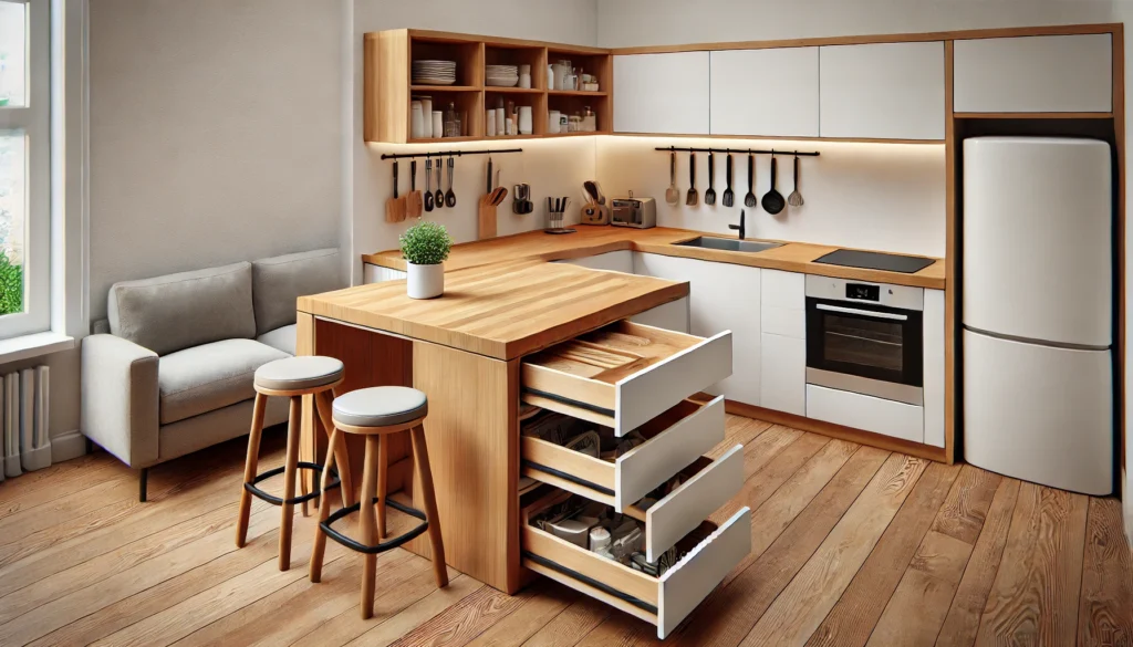 A modern, compact kitchen featuring energy-efficient appliances like a slim refrigerator, stove, and oven. The appliances are designed to save space while maintaining functionality